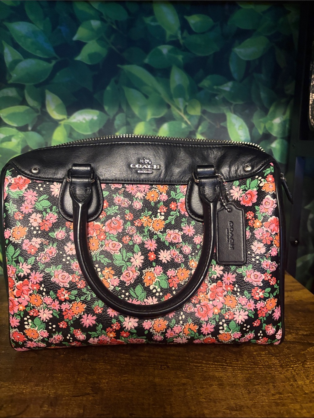 Coach Black Floral Mini Bennett with Pink and Orange Blooms